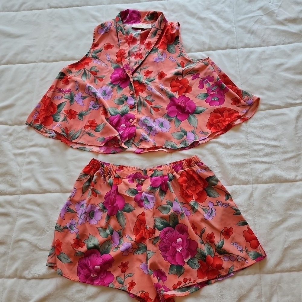 Vintage Victorias Secret Gold Label Floral Pajama Set Peach Pink Orange Medium - Picture 7 of 12